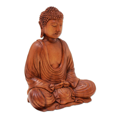 Wood sculpture, 'Let Peace In' - Hand-Carved Suar Wood Buddha Sculpture from Indonesia