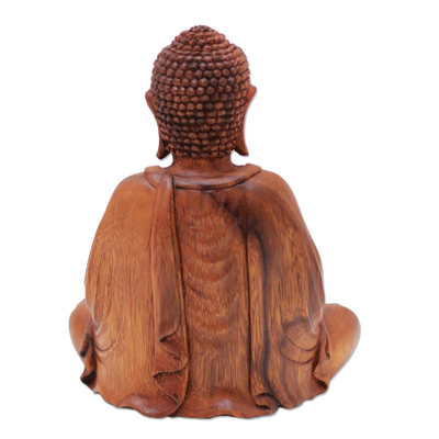 Wood sculpture, 'Let Peace In' - Hand-Carved Suar Wood Buddha Sculpture from Indonesia