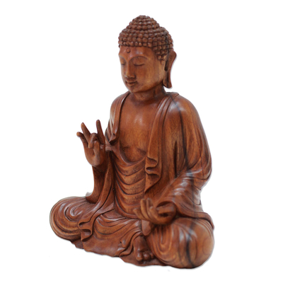 Wood sculpture, 'Enlightened Buddha' - Meditative Suar Wood Buddha Sculpture from Indonesia