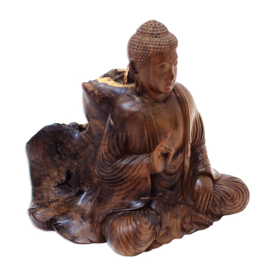Wood sculpture, 'Leave Unrest Behind' - Hand-Carved Hibiscus Wood Buddha Sculpture from Indonesia