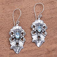 Blue topaz dangle earrings, 'Sparkling Crest' - Ribbon Pattern Blue Topaz Dangle Earrings from Bali