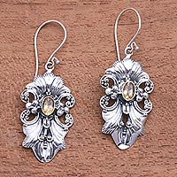 Citrine dangle earrings, 'Sparkling Crest' - Ribbon Pattern Citrine Dangle Earrings from Bali