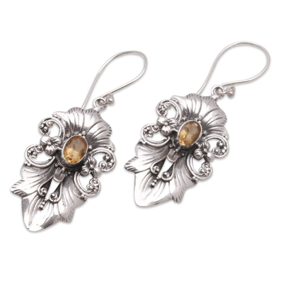 Citrine dangle earrings, 'Sparkling Crest' - Ribbon Pattern Citrine Dangle Earrings from Bali