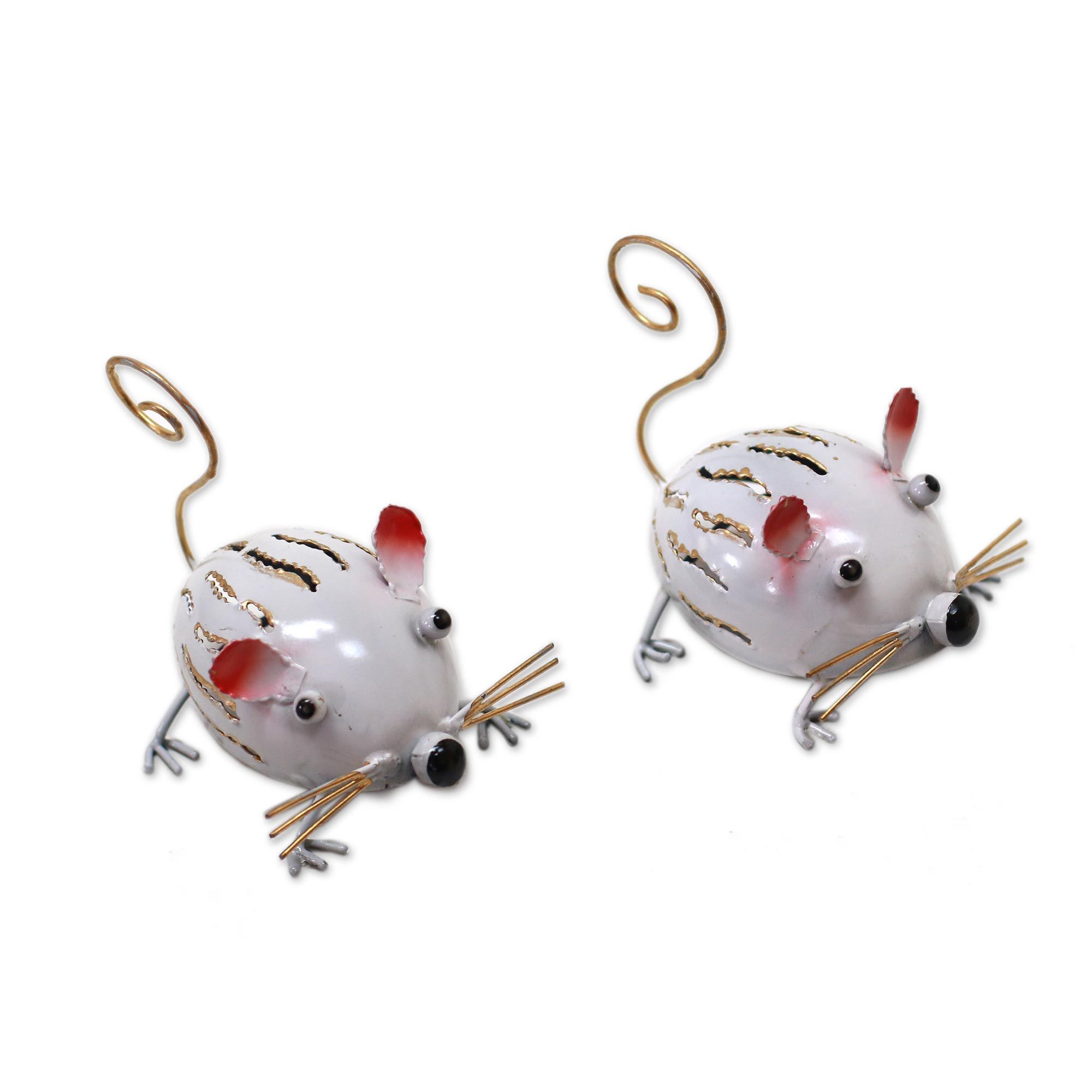 Handcrafted Steel Mice Decorative Accents from Bali (Pair) White Mice