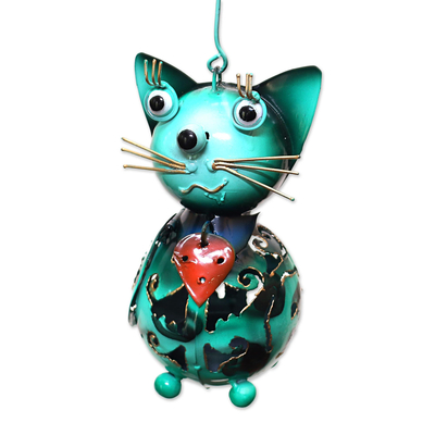 Steel hanging tealight holder, 'Whimsical Cat' - Steel Cat Hanging Tealight Holder from Bali