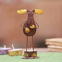 Handcrafted Steel Moose Tealight Holder from Bali,'Charming Moose'