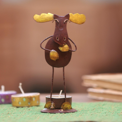 Steel tealight holder, 'Charming Moose' - Handcrafted Steel Moose Tealight Holder from Bali