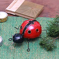 Steel figurine, 'Charming Lady Bug' - Handcrafted Steel Lady Bug Decorative Figurine from Bali