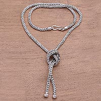 Sterling silver lariat necklace, 'Naga Knot' - Sterling Silver Naga Chain Necklace with Knot Pendant