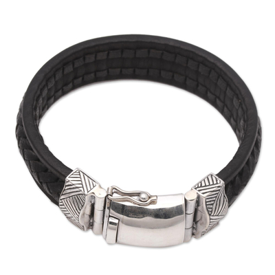 Men's braided leather wristband bracelet, 'Blessing of Strength in Black' - Men's Black Leather Braided Wristband Bracelet from Bali