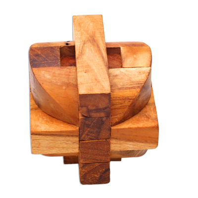 Curated gift box, 'Puzzled' - Curated Gift Box with 3 Teak Wood Puzzles from Indonesia