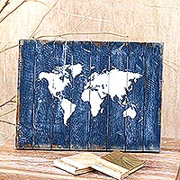Wood wall plaque, 'The World in Blue' - Wood Wall Plaque Map in Blue from Bali
