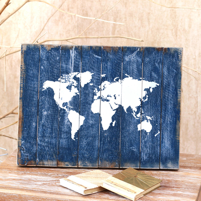 Wood wall plaque, The World in Blue