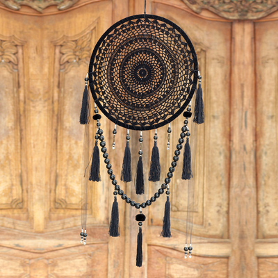 Cotton wall hanging, 'Black Circle' - Round Black Cotton and Wood Beaded Wall Hanging from Java