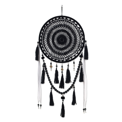 Cotton wall hanging, 'Black Circle' - Round Black Cotton and Wood Beaded Wall Hanging from Java