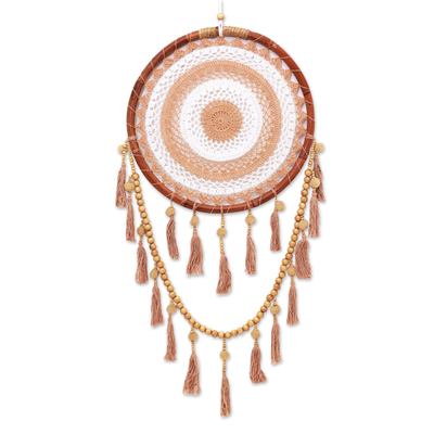 Cotton and bamboo wall hanging, 'Mesmerizing Circles' - Caramel and White Cotton Wall Hanging Crafted in Java