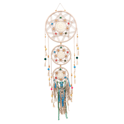 Cotton and wood wall hanging, 'Circles of Color' - Cotton and Colorful Wood Beaded Wall Hanging Crafted in Java