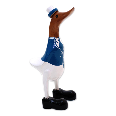 Bamboo root and wood sculpture, 'Captain Duck in Blue' - Bamboo Root and Wood Captain Duck Sculpture in Blue