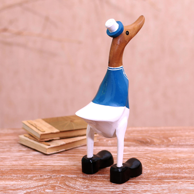 Bamboo root and wood sculpture, 'Captain Duck in Blue' - Bamboo Root and Wood Captain Duck Sculpture in Blue