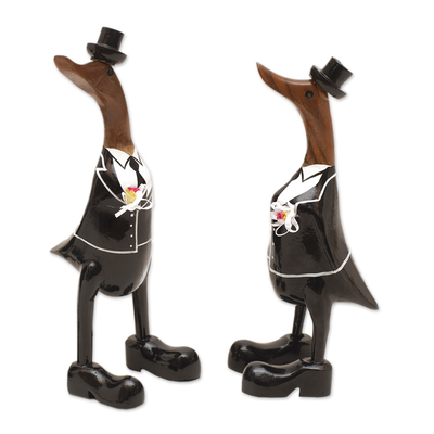 Bamboo root and wood sculptures, 'Gentlemen's Love' (pair) - Bamboo Root and Wood Male Duck Wedding Sculptures (Pair)