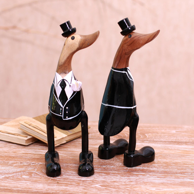 Bamboo root and wood sculptures, 'Gentlemen's Love' (pair) - Bamboo Root and Wood Male Duck Wedding Sculptures (Pair)