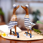 Bamboo root and wood sculptures, 'Beachside Ducks' (pair) - Bamboo Root and Wood Duck Beach Goer Sculptures (Pair)