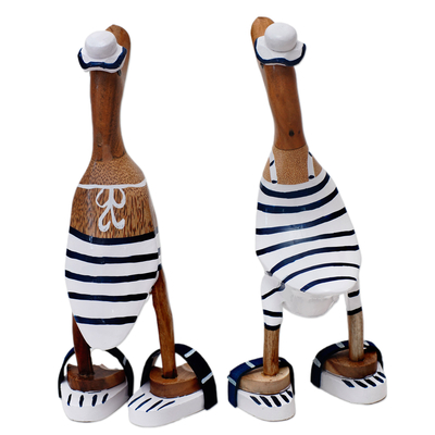 Bamboo root and wood sculptures, 'Beachside Ducks' (pair) - Bamboo Root and Wood Duck Beach Goer Sculptures (Pair)