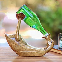 Bamboo root and wood wine holder, 'Jolly Duck'