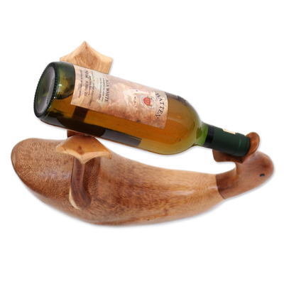 Bamboo root and wood wine holder, 'Jolly Duck' - Handcrafted Wine Holder from Bali