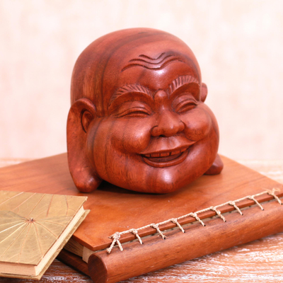 Wood sculpture, 'Jolly Buddha' - Suar Wood Laughing Buddha Sculpture from bali