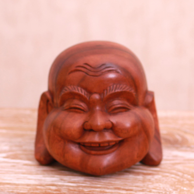 Escultura de madera - Escultura de Buda que ríe en madera de suar de bali