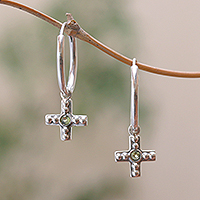 Peridot hoop earrings, 'Faithful Bubbles' - Bubble Pattern Peridot Cross Hoop Earrings from Java
