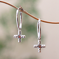 Garnet hoop earrings, 'Faithful Bubbles' - Bubble Pattern Garnet Cross Hoop Earrings from Java