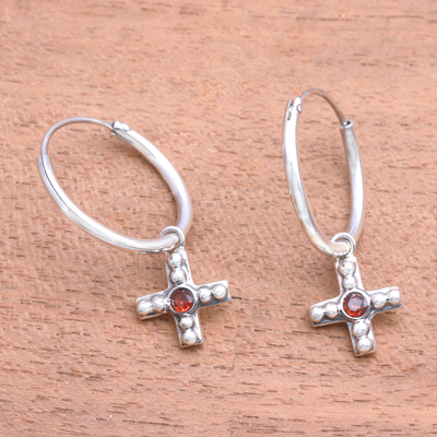 Garnet hoop earrings, 'Faithful Bubbles' - Bubble Pattern Garnet Cross Hoop Earrings from Java