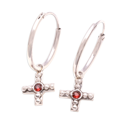 Garnet dangle earrings, 'Faithful Bubbles' - Bubble Pattern Garnet Cross Dangle Earrings from Java