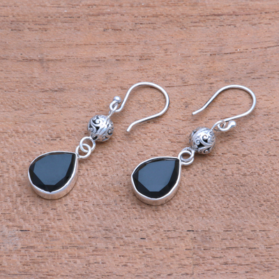Onyx dangle earrings, 'Dark Drops' - 3.5-Carat Drop-Shaped Onyx Dangle Earrings from Java