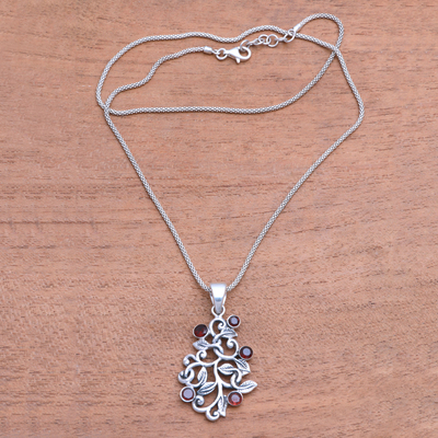 Garnet pendant necklace, 'Jungle Sparkle' - Vine Pattern Garnet Pendant Necklace from Java