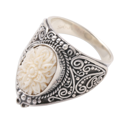 Sterling silver and bone cocktail ring, 'Intricate Majesty' - Hand-Carved Floral Sterling Silver and Bone Cocktail Ring