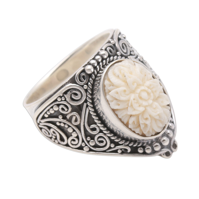Sterling silver and bone cocktail ring, 'Intricate Majesty' - Hand-Carved Floral Sterling Silver and Bone Cocktail Ring