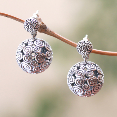 Sterling silver dangle earrings, 'Buddha's Orbs' - Round Curl Pattern Sterling Silver Dangle Earrings from Bali