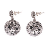 Sterling silver dangle earrings, 'Buddha's Orbs' - Round Curl Pattern Sterling Silver Dangle Earrings from Bali