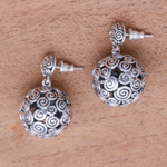Sterling silver dangle earrings, 'Buddha's Orbs' - Round Curl Pattern Sterling Silver Dangle Earrings from Bali