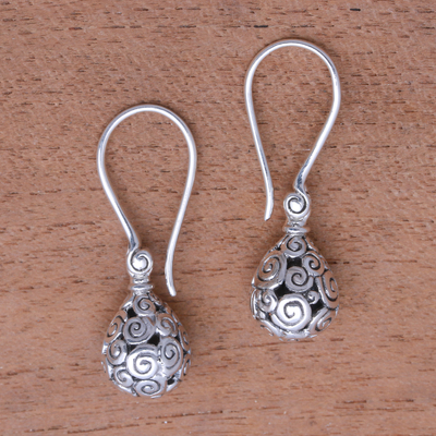 Sterling silver dangle earrings, 'Buddha's Dew' - Curl Pattern Drop-Shaped Sterling Silver Earrings from Bali