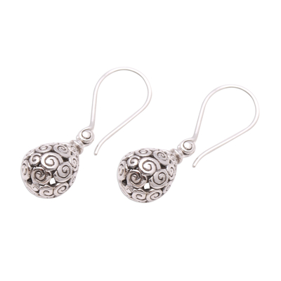 Sterling silver dangle earrings, 'Buddha's Dew' - Curl Pattern Drop-Shaped Sterling Silver Earrings from Bali
