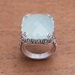 Chalcedony cocktail ring, 'Buddha's Curl Bliss' - 15-Carat Blue Chalcedony Cocktail Ring from Bali