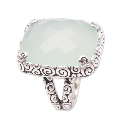 Chalcedony cocktail ring, 'Buddha's Curl Bliss' - 15-Carat Blue Chalcedony Cocktail Ring from Bali