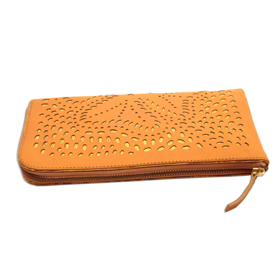 Leather clutch, 'Scattered Stars in Amber' - Floral Pattern Leather Clutch in Amber from Bali
