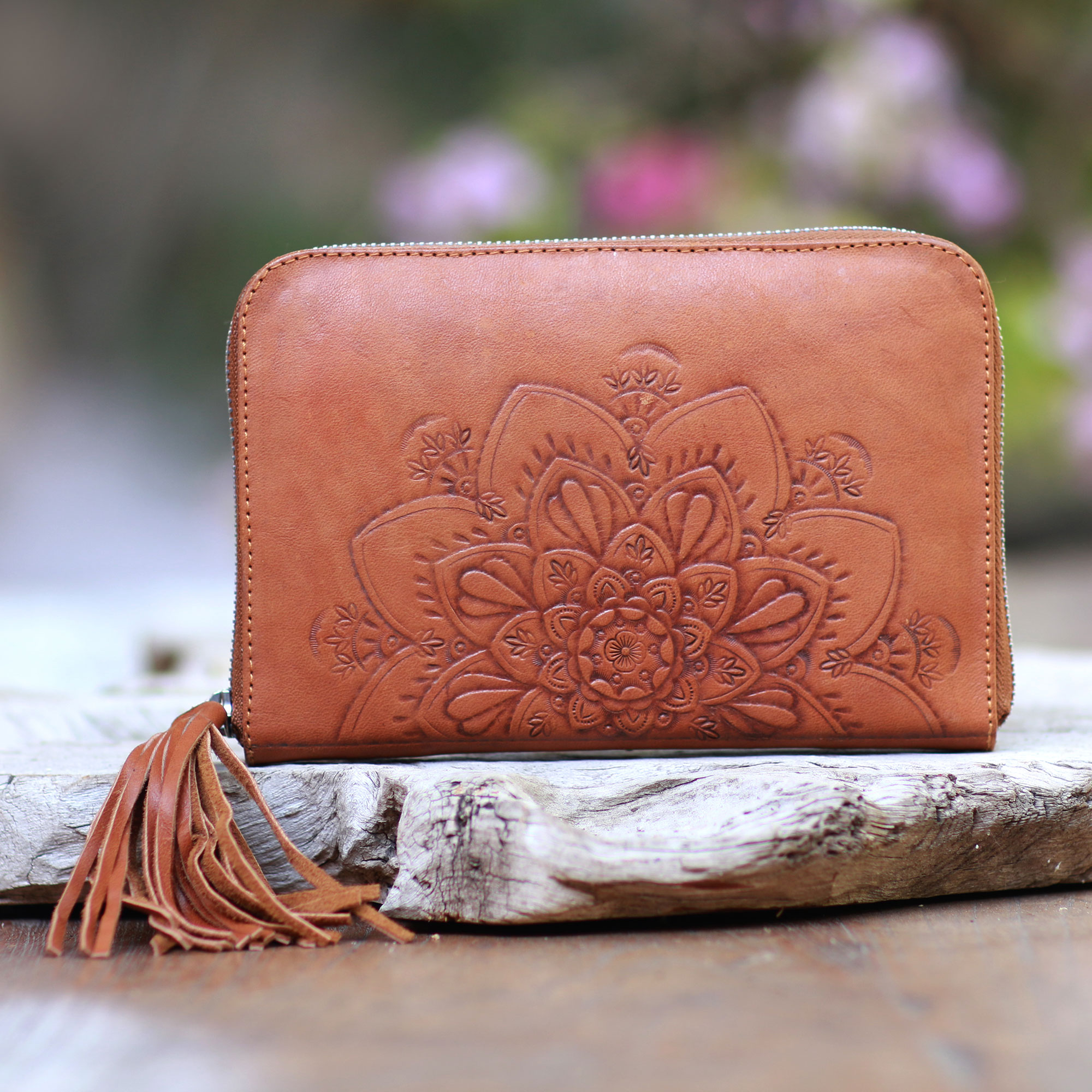 Lotus Flowers And Leaves Womens Genuine Leather Wallet Zip Around Wallet Clutch Wallet Coin Purse 