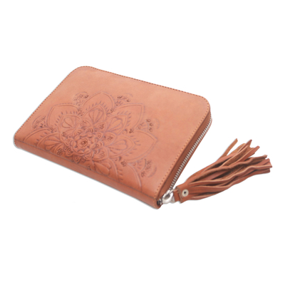 Leather wallet, 'Padma Bloom' - Lotus Pattern Leather Wallet Crafted in Bali