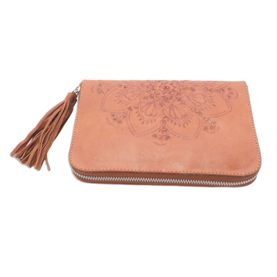 Leather wallet, 'Padma Bloom' - Lotus Pattern Leather Wallet Crafted in Bali